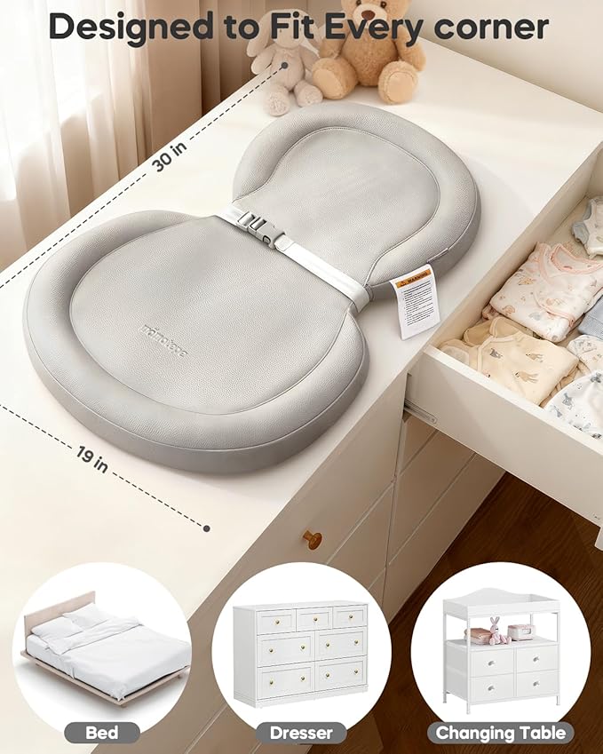 Mamatepe Peanut Baby Changing Pad, Foldable Travel On-the-Go with Non-Slip Base & Safety Belt, Wipeable PU Cushion for Dresser & Changing Table 30"x18", Gray