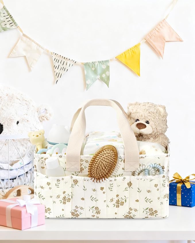BuyCard Floral Baby Diaper Caddy Organizer, Large Quilted Nursery Storage Basket with Handle, Gift for Baby Shower, Newborn Parents Gift