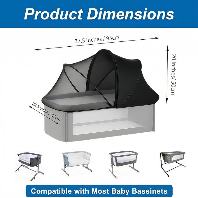 Portable Bassinet Cover for Cats & 2-Way Zipper, Half-Blackout Mosquito Net with Sunshade, Breathable Bassinet Net Cover, Mosquito Net for Baby Crib to Keep Cats Out （Black）