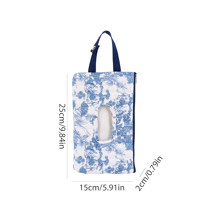 Quilted Baby Wipe Holder, Canvas Floral Quilted Pouch with Hanging Strap, Portable Diaper Wipe Holder for Travel Stroller-Grand Classical Blue