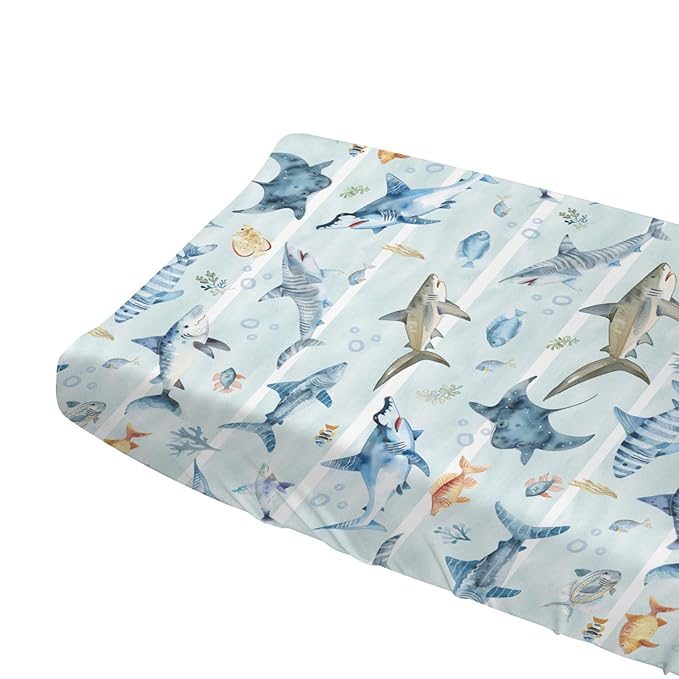 Blue Sharks Baby Changing Pad Covers Sea Animals Sharks Stripes Diaper Changing Table Sheets for Boy Girl Ocean Fishes Corals Nautical Life Soft Stretchy Fitted Nursery Change Table Mats 32''x16''