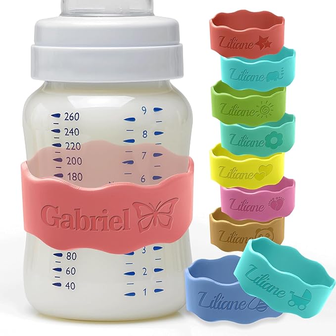 Personalized Baby Bottle Labels for Daycare Custom Silicone Water Bottle Bands Engraved Customized Reusable Name Straps for Kids Girl Boy Baby Shower Gifts Orange