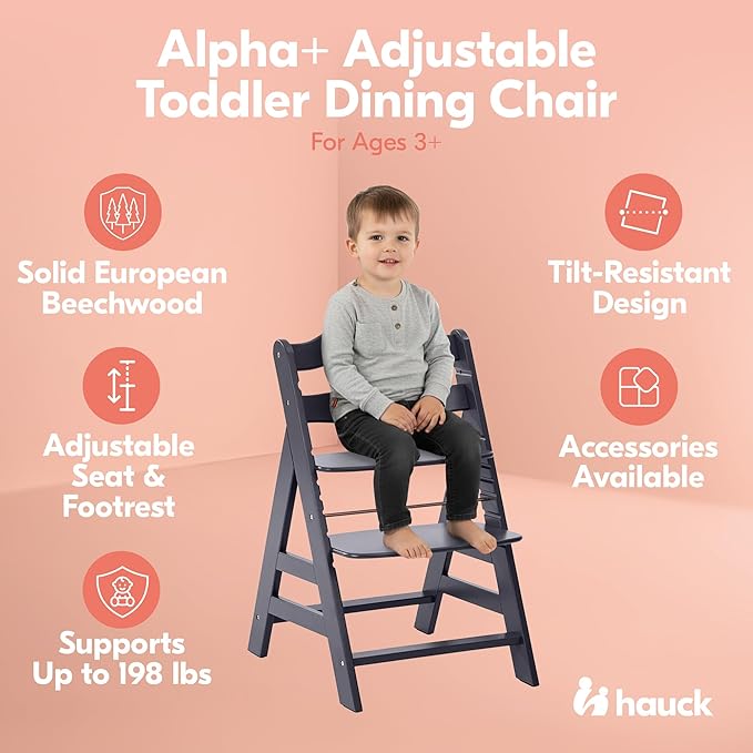 hauck Alpha+, Dark Grey - Wooden High Chair Made of Beech for Children from 6 Months up to 90 kg - Includes 5-Point Strap, Crotch Strap, Protective Bar - Compatible with Many Accessories