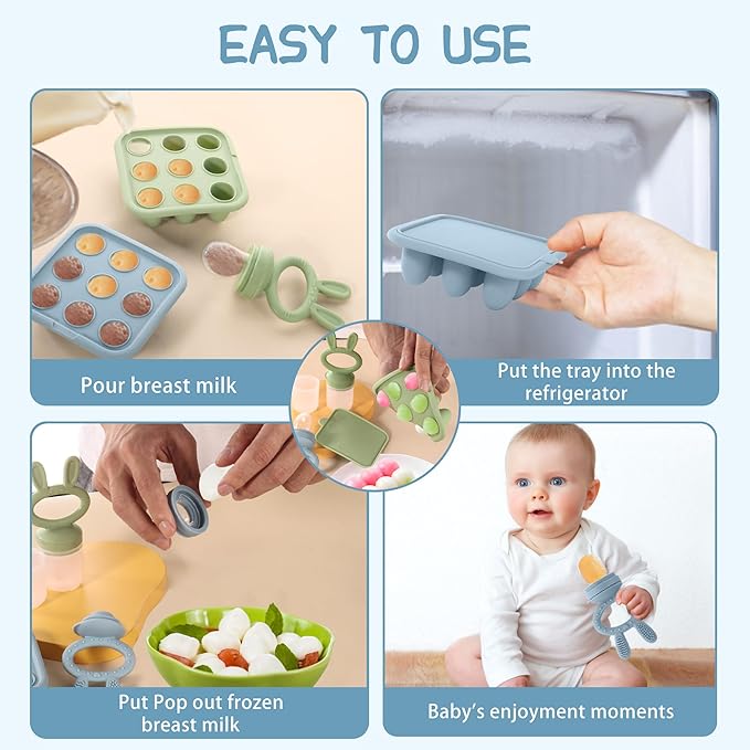 Baby Breastmilk Popsicle Molds & Baby Fruit Feeder (3 Pack), Baby Food Freezer Tray Storage Containers, Silicone Teething Pacifier Feeder and Teether for Babies,Baby Feeder - Green