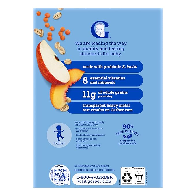 GERBER CEREAL FOR BABY POWER BLEND Toddler Oatmeal Lentil Peach Apple 5x8oz