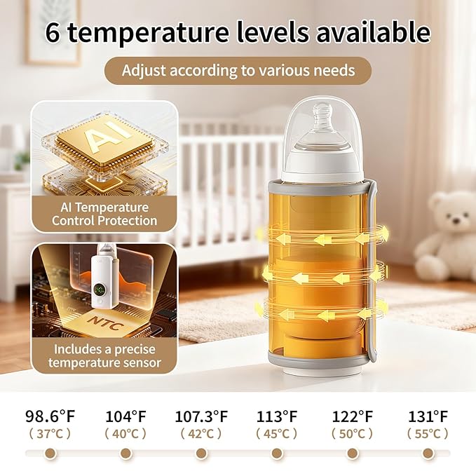 Portable Travel Baby Cordless Bottle Warmer,Baby Breastmilk and Formula Bottle Warmer,6000 mAh Rechargeable Battery,Digital Display Temperature Water Warmer On the Go,Feeding-Friendly Baby Essentials