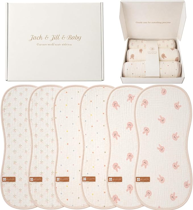 Jack & Jill & Baby Muslin Burp Cloths, 100% Cotton, 6-Pack, Large Soft Absorbent Baby Burp Rags for Newborns and Infants (Cotton Candy Garden (Bunny, Floral & Dots))