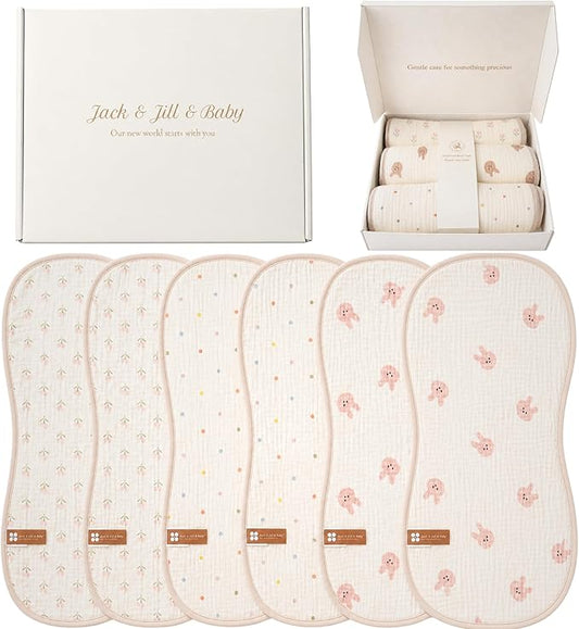 Jack & Jill & Baby Muslin Burp Cloths, 100% Cotton, 6-Pack, Large Soft Absorbent Baby Burp Rags for Newborns and Infants (Cotton Candy Garden (Bunny, Floral & Dots))