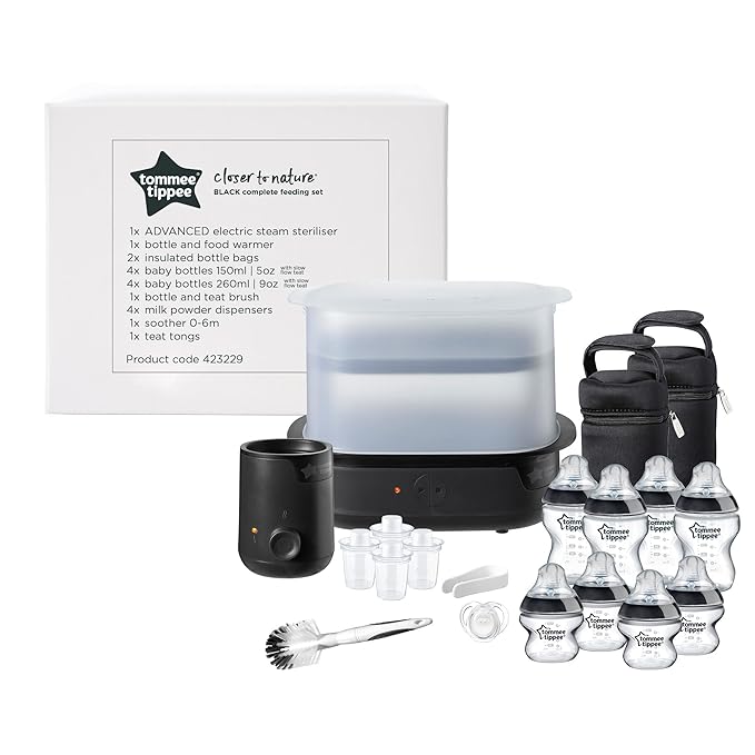 Tomee Steriliser, Warmer and 8x Bottles Complete Feeding Set, Black