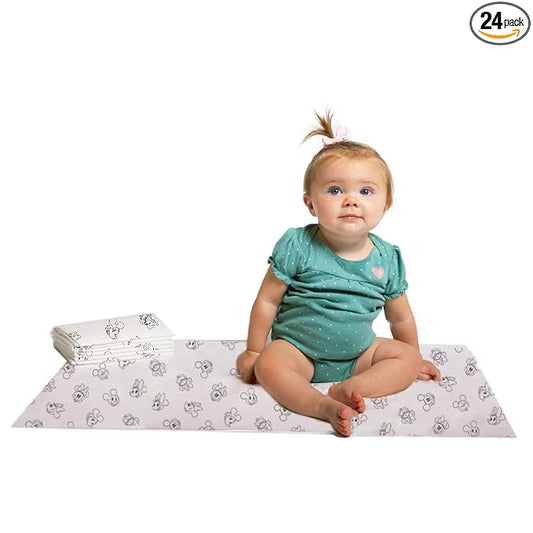 Disney Baby by J.L. Childress Disposable Changing Pads for Babies - Diaper Changing Table Covers, Baby Travel Essentials, Absorbent Liner Pads, Leak-Resistant, 26"x18"- Mickey & Minnie Mouse, 24 Count