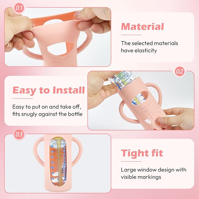 MINMUNJIU 3 Pack Silicone Sleeves for Dr. Brown's Glass Baby Bottles, Anti Breakage Baby Bottle Holder with Handles for Baby Girls, Compatible with Dr. Brown's Glass Baby Bottle, 8 oz/250 mL