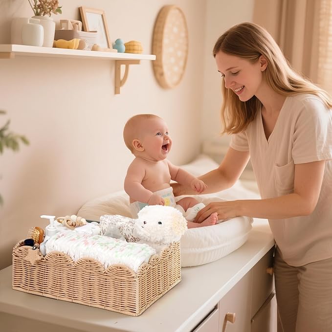 Wicker Diaper Caddy Organizer, Nursery Storage Basket for Diapers and Baby Wipes, Baby Essentials Organizer for Changing Table, Splinter Free Rattan Style (Natural, L)
