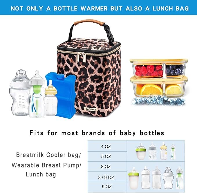 BreastMilk Cooler Bag with Ice Pack Fits 4 Baby Bottles Up to 9 Ounce, Baby Bottle Bag for Nursing Mom Daycare-Leopard Print