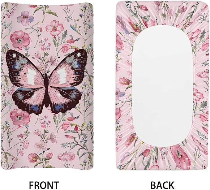 Pink Rose Butterfly Change Pad Covers, Water Resistant Baby Diaper Change Table Covers Soft Contoured Pad Covers for Newborn Baby Boys Girls