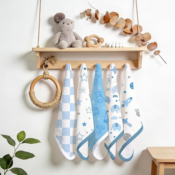 5 Pack Burp Cloths Organic Cotton, Blue Baby Burp Cloths Boy Girl, Absorbent Baby Burping Cloth, Soft Burping Cloth Set for Feeding, New Mom Gifts for Newborns Essentials Gift Set, 19”x9”
