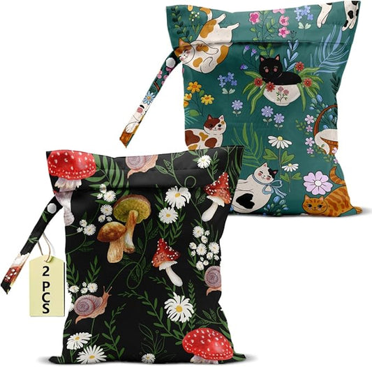 Cat Lover Gifts, 2Pcs Mushroom Cat Print Wet Bags, Wet Dry Bag Reusable Zipper Pouch for Swimsuit, Diapers, Beach, Dirty Yoga Gym Clothes, Toiletries, Waterproof Birthday Christmas Gifts