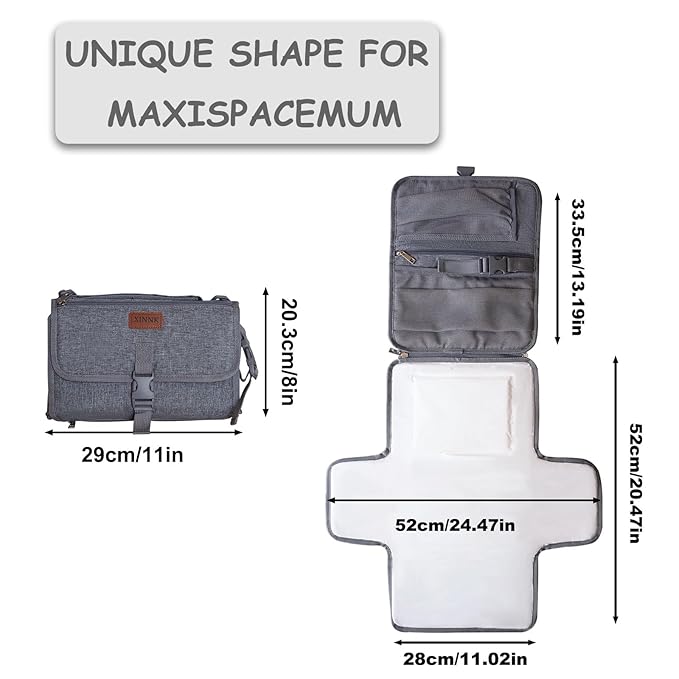 Portable Changing Pad for Baby, Travel Diaper Changing Pad for Newborn, Waterproof Baby Changing Mat, Foldable & Detachable Diaper Changing Station with Baby Wipes Pockets(Grey)