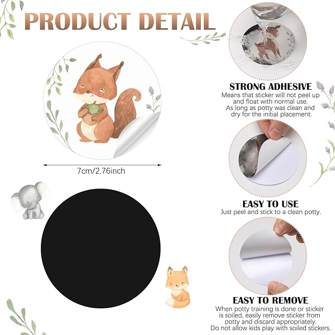 Geyee 24 Pcs Potty Training Stickers Potty You Pee on Toilet Reveal Stickers Chart Reusable Pee Decals Color Changing Seat Toilet Targets for Boys Girls Kids Training Use(Woodland Animal)