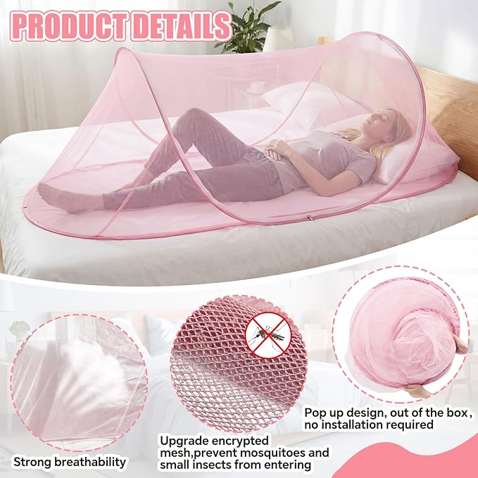 2 Pcs Large Pop up Mosquito Tent Portable Foldable Mosquito Bug Net for Bed Camping Travel Patio Outdoor 78 * 31 * 22 Inch Bug Netting Mesh Tent Canopy for Adults Bedroom, Pink