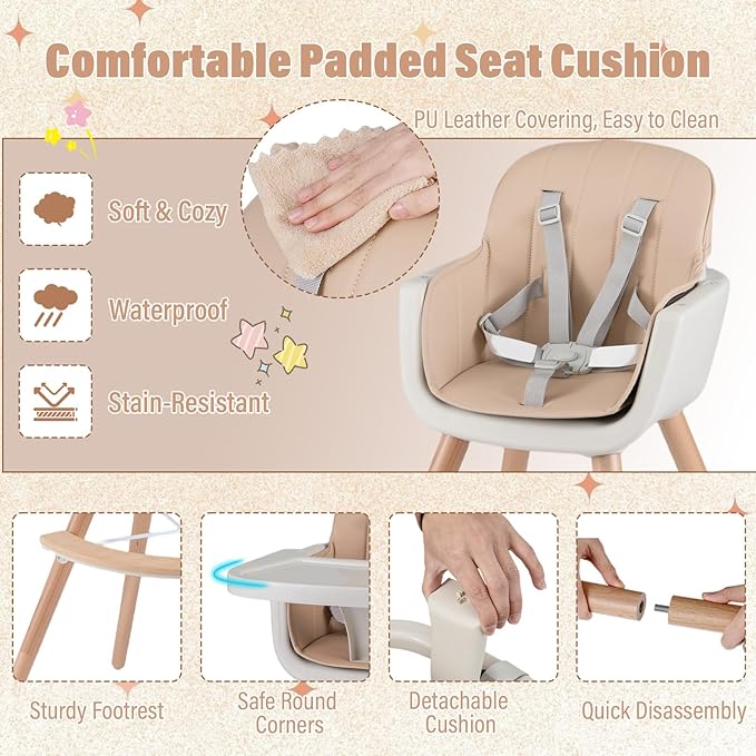 HONEY JOY Baby High Chair, 6-in-1 Eat & Grow Wooden Highchair/Toddler Chair with Removable Tray, 5-Point Harness, PU Cushion and Footrest, Convertible High Chair for Babies and Toddlers(Dark Beige)