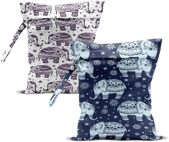 2Pcs Elephant Wet Bag 12x10 Inch, Exotic Elephants Waterproof Travel Laundry Bags, Washable Reusable Wet Dry Bag for Swimsuit Beach Diapers Dirty Yoga Gym Clothes, Elephant Gifts for Women Friend