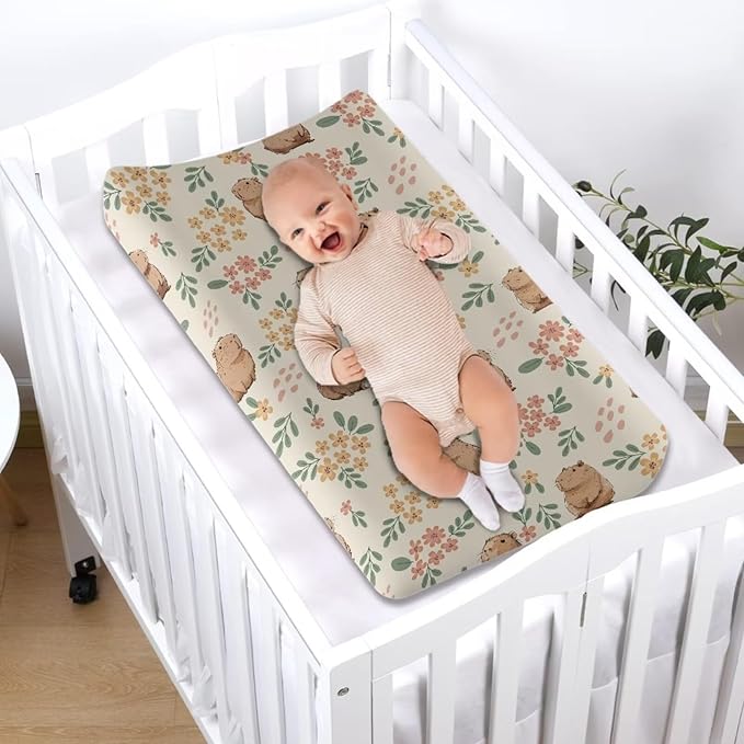 Capybara Floral Baby Diaper Changing Table Sheets Jersey Knit Breathable Changing Table Pad Cover for Infants Toddles 16 * 32 Inches