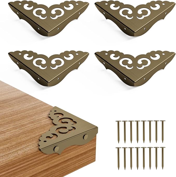 4 Pcs Brass Corner Protectors for Furniture,Retro Style Guard Cabinet Furniture Corner Bumpers for Jewelry Box Gift Box Wooden Case Cabinet Furniture Decorative (Bronze)