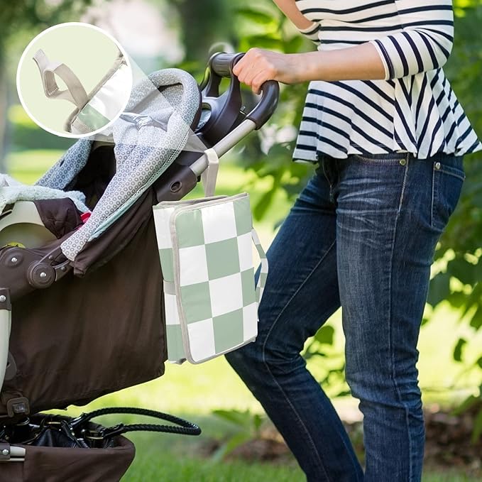 Portable Diaper Changing Pad Travel Baby Changing Mat Waterproof Diaper Changing Mat Foldable Lightweight Baby Changer with Built-in Pillow Checkered White and Green