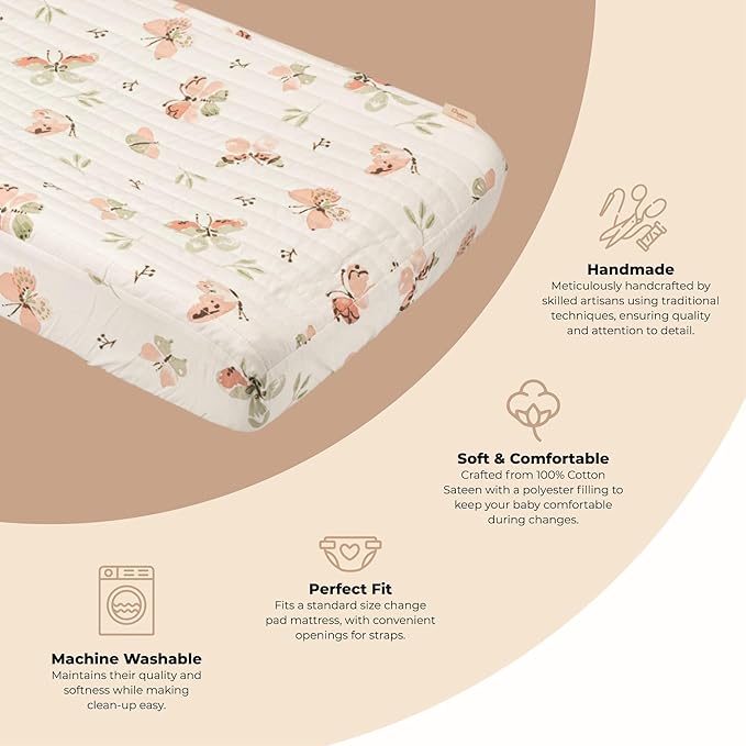 Crane Baby Changing Pad Cover, 100% Cotton Sateen Exterior, Pink Nursery Decor, Pink Butterfly Baby Changing Table Pad Cover, Fits Standard 16" x 32", Butterfly Nursery Decor, Change Table Sheets