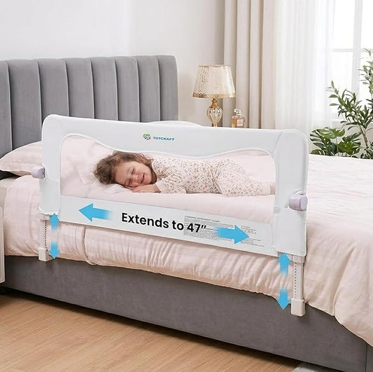 TotCraft MiniFlex Adjustable Length & Height Bed Rail for Toddlers – 35.5″ or 47″ Two Fixed Lengths,Fits Twin, Full & Queen Beds – 14 Height Levels – ASTM Certified Baby Bed Rail Guard (White)