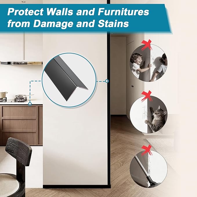 Raytano 4Pcs 45"L ×1"W Self Adhesive Metal Black Corner Protectors, Modern Aluminum Wall Corner Guards for Wall Door Furniture Cabinet Baseboard Frame Protection and Decoration (Size:45" x 1",Black)