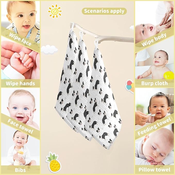 vvfelixl Baby Cotton Washcloths Border Collie Black Infants Bath Towel for Unisex Face Towels for Newborn, Natural Baby Wipes Delicate Skin, 11.8 X 11.8 inch, one sizex3