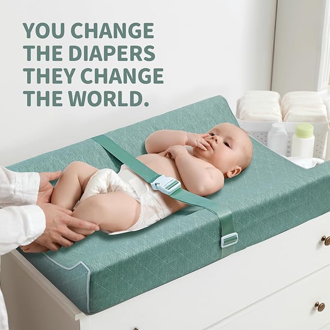 Baby Soft Changing Pad with Washable Cover, Baby Diaper Changing Pads for Dresser Top with Safety Strap,Non-Slip Bottom, Topper for Standard Size Infant Diaper Table & Dresser(Green)