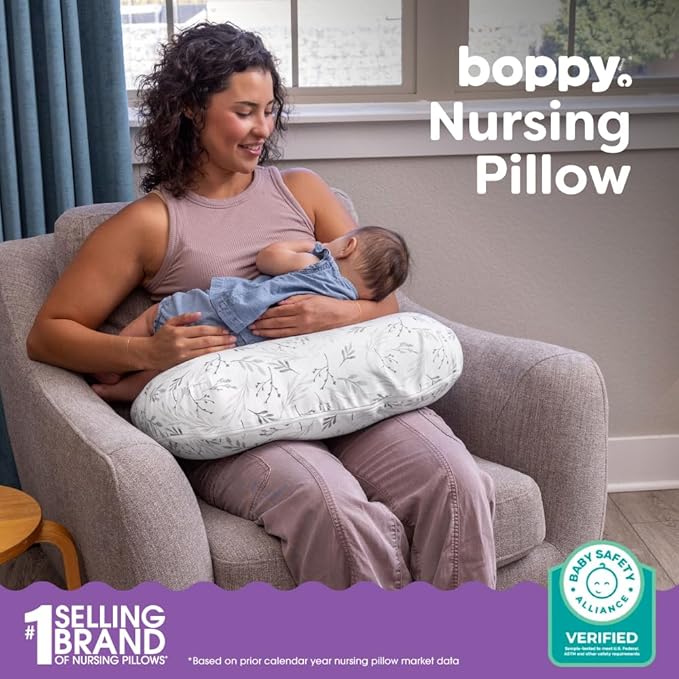 Boppy Nursing Pillow - Firm, Ergonomic U-Shaped Bottle and Breastfeeding Pillow with High Lift for Comfort and Support, Spacious Surface - Gray Gentle Leaves