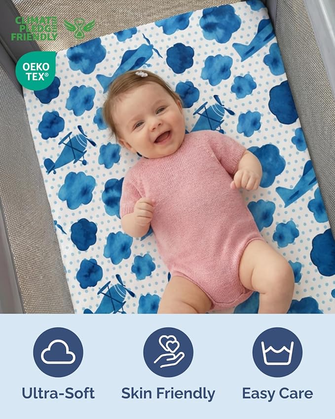 Pack and Play Sheets Fitted - 2 Pack Mini Crib Sheets for Pack N Play Mattress - Unisex Playard Microfiber Bedding for Boys & Girls - Soft, Breathable & Wrinkle Free - Oeko-Tex, 38 x 26in - Plane Sky