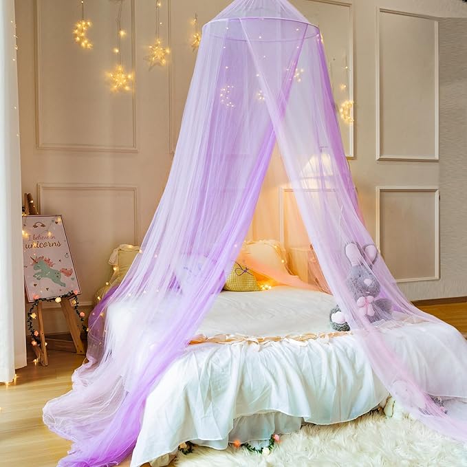 Princess White Blue Bed Canopy for Girls Bed Net,Princess Canopy for Kids Bed Room Decor (Mosquito-Pink Purple)