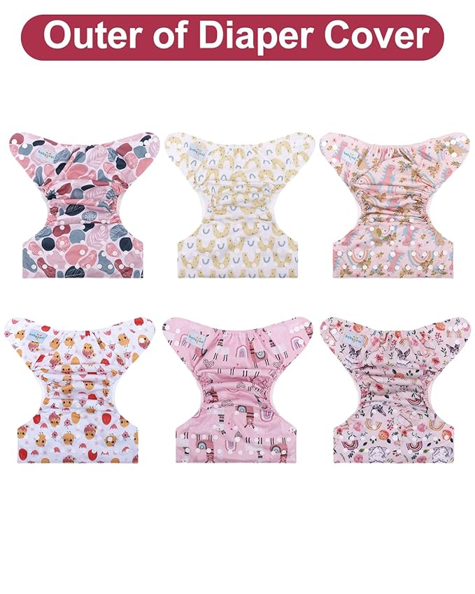 babygoal Cloth Diaper Covers 6 Pack with Wet Bag for Fitted Diapers and Prefolds with Double Gussets, Adjustable and Reusable for Baby Girls