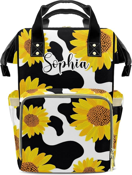 Sunflower Cow Print Diaper Bag Backpack Tote Custom with Name Multifunction Waterproof Travel Back Pack Diaper Bag Gifts Backpack for Men Women 10.8"x7.8"x15.7"