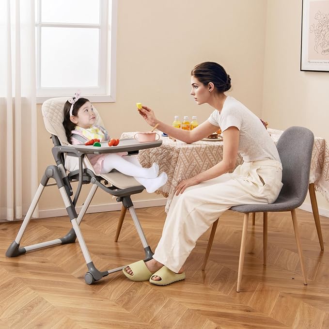 BABY JOY Foldable High Chair for Babies and Toddlers, Portable Adjustable Highchair with Footrest, Detachable Tray, Easy to Clean PU Seat Cushion, 5-Point Safety Belt and Built-in Wheels (Beige)
