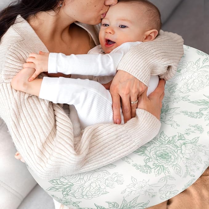Nursing Pillow Cover, Removable Nursing Covers for Breastfeeding Pillows, Stretchy and Soft Fit for Baby Girls Boys Newborn, Green Flower (Only Cover)