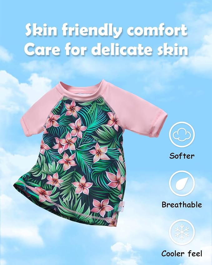 ALVABABY Baby Girl Swimsuit, 2-Piece Infant Toddler Bathing Short Sleeve Swimwear, Large Baby Reusable Swim Diaper with Matching Top