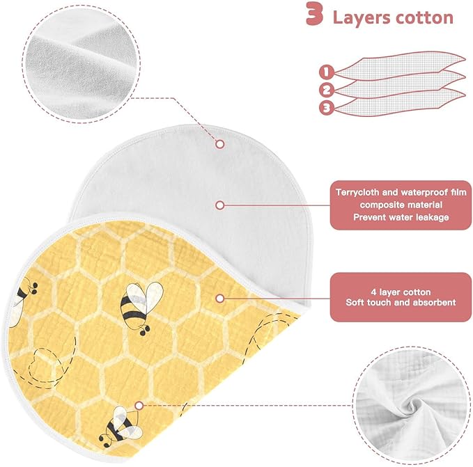 Cute Bee On Honey Yellow Honeycomb Muslin Burp Cloths for Baby 1 Pack 100% Cotton Baby Washcloths Bibs for Boy Girl