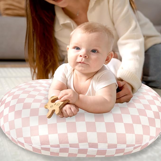 Nursing Pillow Cover, Removable Nursing Covers for Breastfeeding Pillows, Stretchy and Soft Fit for Baby Girls Boys Newborn, Pink Checkerboard (Only Cover)