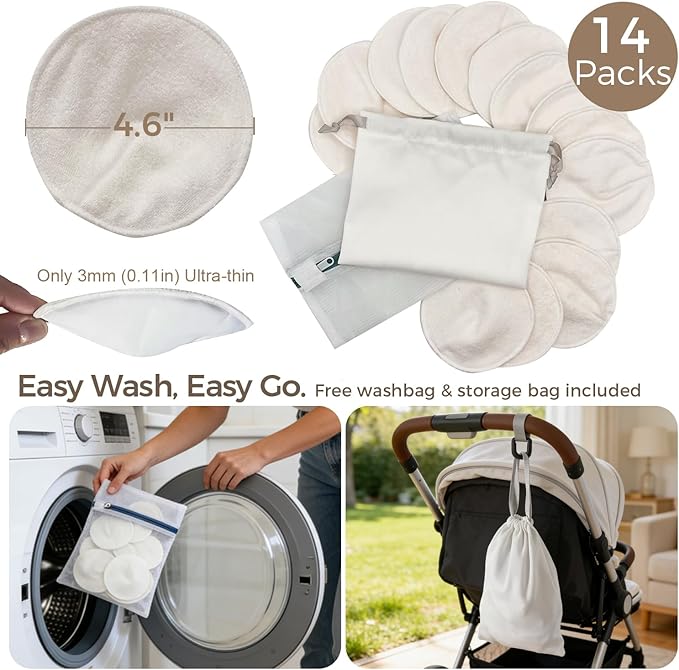 Reusable Nursing Pads 14 Pack Ultra Thin Invisible Washable Breast Pads for Breastfeeding, Leak-Proof Nipple Covers with Wash Bag&Storage Bag, Essentials for Nursing Moms