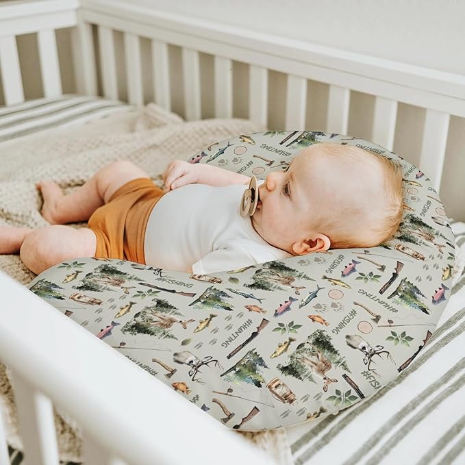 Fishing Hunting Baby Nursing Pillow Covers for Boy Girl Bass Fish Deer Paws Green Trees Nursery Pillowcase for Breastfeeding Pillows Nature Hunting Animals Soft Stretchy Slipcover for Newborn Infant
