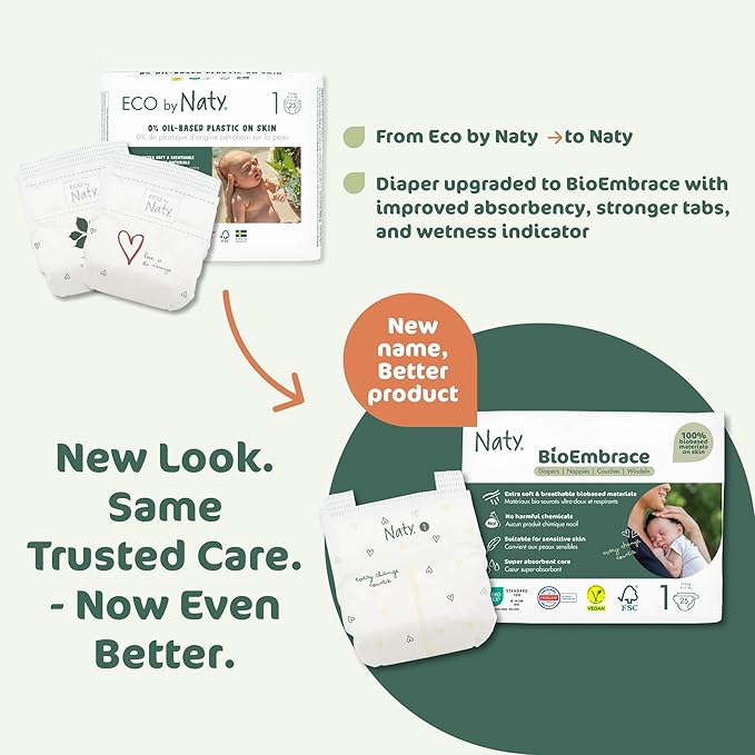 Naty BioEmbrace Baby Newborn Diapers | Sensitive Skin Safe Certified | Leak Protection up to 100% | Plant-Based Teddy Softness, Premium Comfort | Chlorine-Free | Size 1 (4–11 lbs), 25 Count