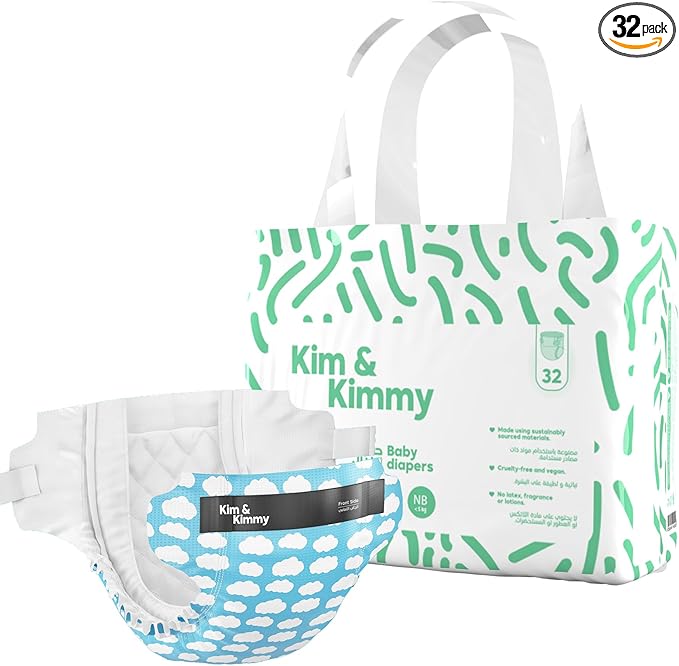 Kim & Kimmy Eco Diapers, New Born, Up to 11 lbs, 32 Diapers - 12 Hour Leak Protection, No Rashes, Hypoallergenic, Ultra-Soft & Highly Absorbent - Cruelty Free & Vegan - Little Clouds