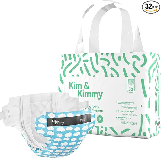 Kim & Kimmy Eco Diapers, New Born, Up to 11 lbs, 32 Diapers - 12 Hour Leak Protection, No Rashes, Hypoallergenic, Ultra-Soft & Highly Absorbent - Cruelty Free & Vegan - Little Clouds