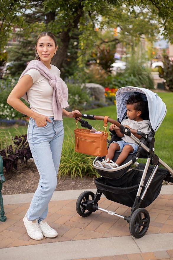 FAWN DESIGN The Stroller Caddy, Premium Matte Faux Leather Stroller Organizer with Cup Holder, Brown Diaper Bag with Adjustable Stroller Straps, 2 Exterior Pockets 1 Zipper Pocket, 14x 5x 7 inches