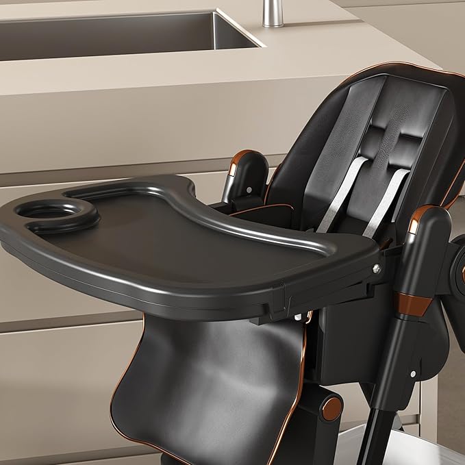 Portable High Chair, High Chairs for Babies and Toddlers, Adjustable Baby Chair, 5 Height & 3 Recline Adjustable Locking Wheels with Removable Double Tray and Safety Belt, Black